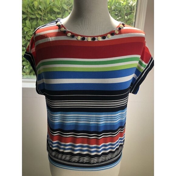 Ruby Rd Womens Multicolored Studded Short Sleeve Blouse Stretch Sz PS - Picture 1 of 5
